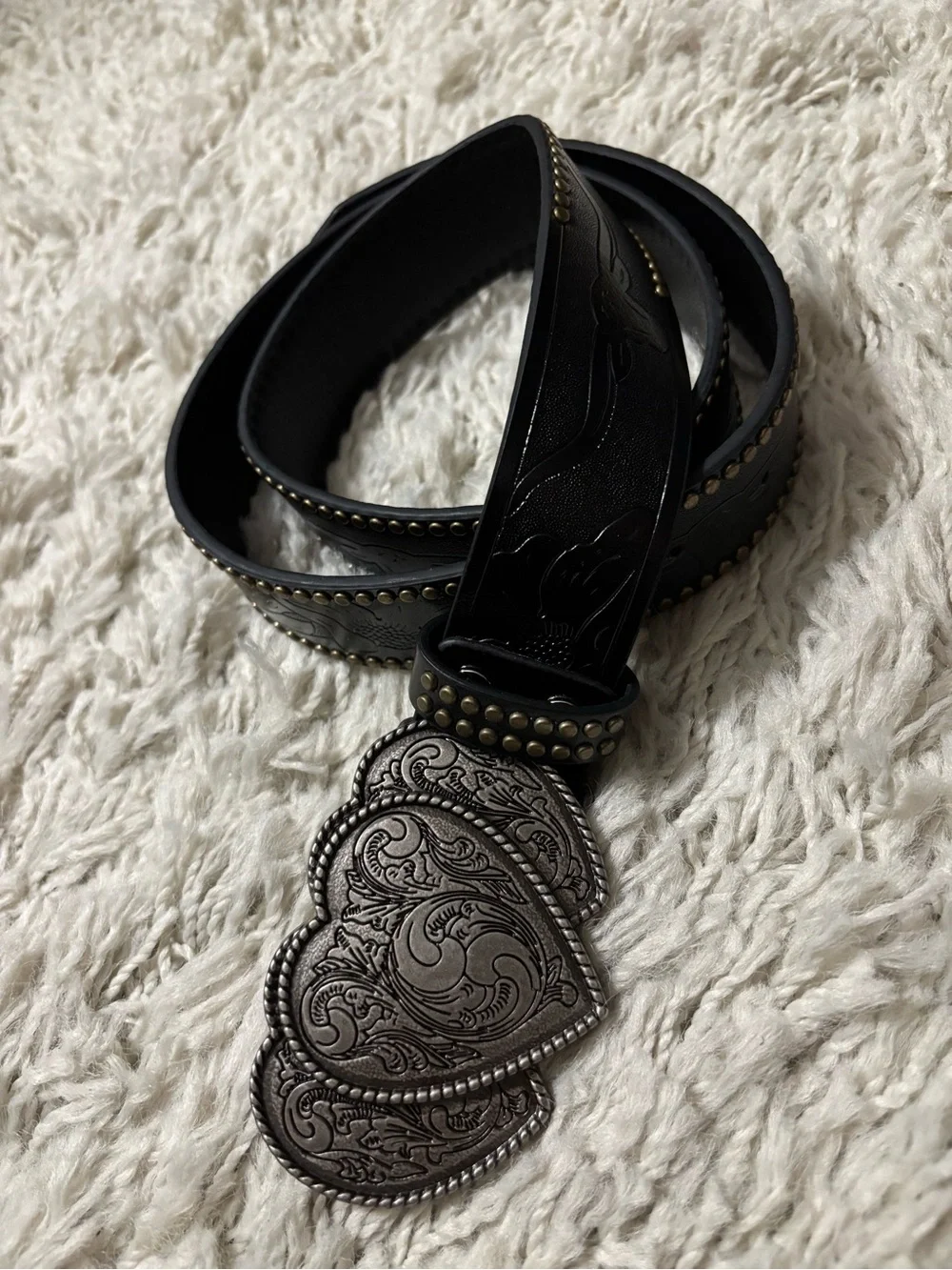 Men’s Vintage Black Leather Studded Embossed Belt with Heart Buckle Size L/XL